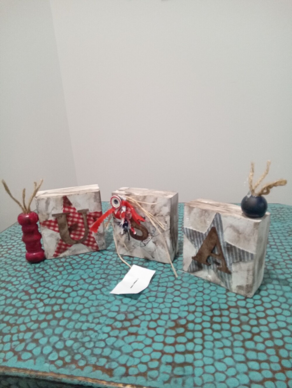 Patriotic Americana Wooden Decorative Block Set with Stars and Firecrackers